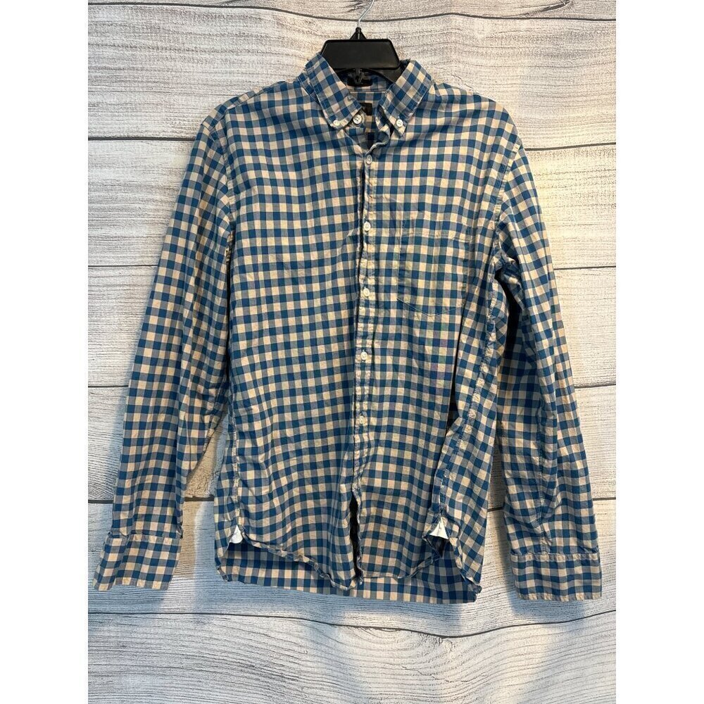 J.Crew Men's Blue & White Gingham Button-Up Shirt M